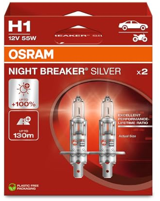 OSRAM NIGHT BREAKER SILVER H1, +100% mehr Helligkeit, Halogen-Scheinwerferlampe, 64150NBS-2HB, 12V Pkw, Hängebox (2 Lampen)