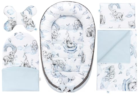 PEPI - 5 teilig Babynestchen Set - Babynest 95x50 - Babydecke - Matratze - Kopfkissen - Kissen - 100% Baumwolle - Baby Erstausstattung Neugeborene - (Baumwolle, eledreams blue)