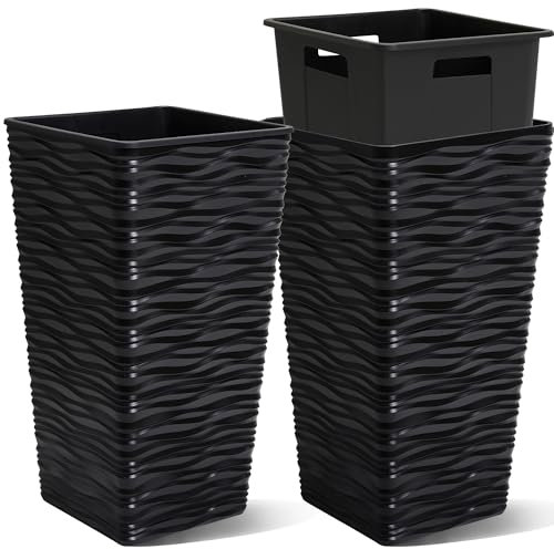 Worth Garden Blumentöpfe für den Innen- und Außenbereich, 55,9 cm hoch, schwarz, quadratisch, konisch, mit Innentöpfen, Kunststoff-Pflanztöpfe für drinnen und draußen, modernes gewelltes Finish,