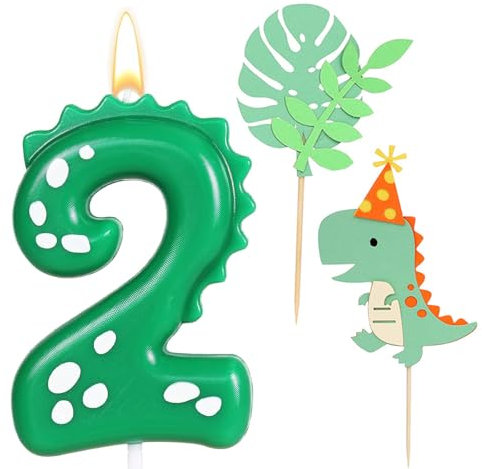 Ronoza Geburtstagskerzen Zahlen 2, Dinosaurier Kerzen Geburtstag, Geburtstagskerze, Geburtstagskerzen für Torte, Kerze 2, Grün Kerzen Zahlen, mit 2 Stück Dinosaurier Happy Birthday Cake Topper