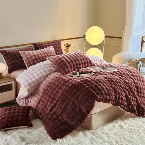 YASMENG Plüsch Bettwäsche 220x240 Winter Warm Farbverlauf Rosa Braun Plüsch Langhaar Bettwäsche Winter Weich Kuschelig Flauschige Bettwäsche 3 Teilig mit Reißverschluss und 2 Kissenbezüge 80x80 cm