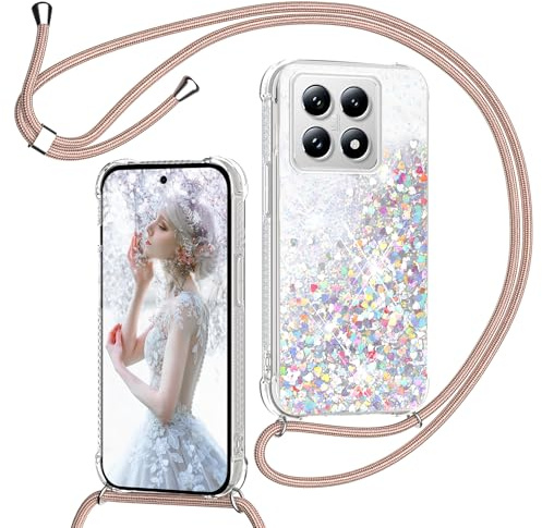 TUUTPU Coque pour Xiaomi 14T/14T Pro avec Cordon, Paillette Liquide Étui pour Téléphone avec Lanière, Transparent Silicone Collier Réglable Protection Housse Portable Lanyard Case, Or Rose