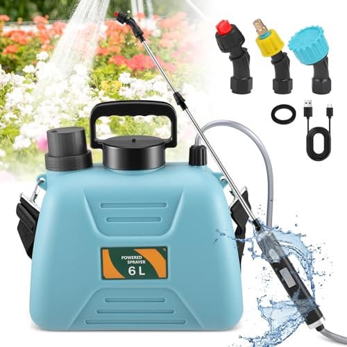 HuuppHip Electric Pressure Sprayer 6L,Battery Powered Garden Sprayer with 3 Mist Nozzles,Rechargeable Weed Killer Sprayer Pump with Adjustable Shoulder Strap,Pressure Sprayer & Weed Sprayer