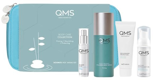 QMS Medicosmetics Body Care Collection Kit - Straffend, Pflegend + Schützend - Inklusive Kollagen Body Lotion, Replenishing Protection Handcreme, Power Firm Maske + Peelingschaum