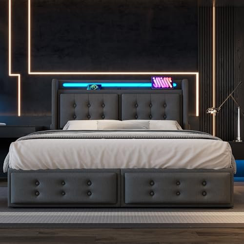 Zepneiy Lit 180x200 avec Sommier LED et USB C, Lit Coffre 180x200 avec 4 Tiroirs et Tete de Lit, Lit Double avec à Lattes, Lit 2 Personnes Lit Rembourré Cadre de lit 180x200(sans Matelas)