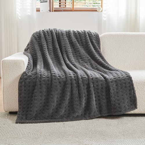 Wajade Kuscheldecke Flauschig Kunstfelldecke Decke Sofa Waffel Sofaüberwurf warm Sofadecke Comfort Couchdecke weiche Wohndecke für Couch und Bett 178 x 203 cm Dark Grey