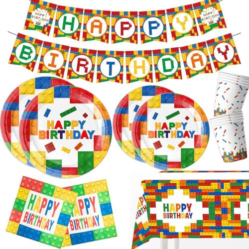 Vajilla de Fiesta de Bloques de Construcción,62Piezas Kit Vajilla Decoración de Cumpleaños Incluye Banderas De Cumpleaños, Platos Vasos Servilletas Manteles Tarjeta De Invitación Para 10 Invitados