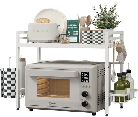 NETEL Expandable Microwave Shelf,2-Tier Microwave Stand with spice basket and kitchen roll holder,Microwave Oven Rack with 8 Hooks,Bakers Rack,Kitchen Countertop Organiser,white