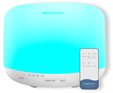 Diffuseur d'huiles essentielles 500 ML avec 7 LED colorées, humidificateur et purificateur d'air, Fonction aromathérapie, Complet avec télécommande et Mesure