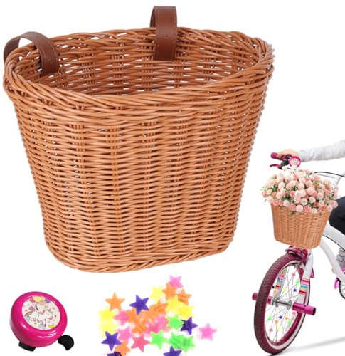Fahrradkorb für Kinder, Fahrradkorb Vorne Kinder mit Fahrradklingel und Fahrradspeiche Perlen Mehrfarbiger, Abnehmbar Korb Kinderfahrrad für Schule, Outdoor, Radfahren