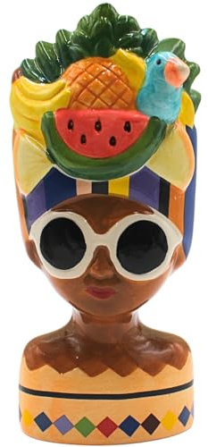 Dekohelden24 Blumenvase, Dekovase, Pflanzenvase, Tischvase, Gesichtsvase, Blumentopf Frau mit Sonnenbrille und Obst, dekorativer Pflanztopf aus Keramik, in bunt, Größe: L/B/H 10 x 10 x 20 cm.