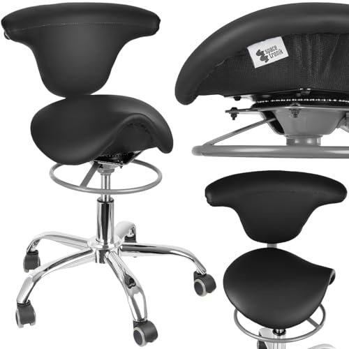 Spacetronik Ergonomischer Sattelhocker mit Lehne und Rollen | Drehbarer Sattelsitz, 49-58 cm Höhe, 180° Nutzbare Lehne, Werkzeuglose Montage, PU-Leder, Chrom-Basis