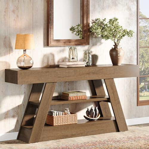 Tribesigns Farmhouse-Konsolentisch, 160 cm, rustikaler Sofatisch mit 3-stufigem Stauraum, industrieller Eingangstisch aus Holz für Flur, Wohnzimmer, Braun