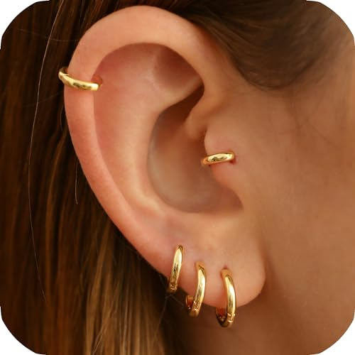 Velvoria Kleine goldene Creolen aus 925er Sterlingsilber für Damen und Herren, 18 Karat vergoldete Scharnier-Creolen für Knorpel, Helix, Tragus, Sung, Ohrläppchen (1 Paar – 6 mm)