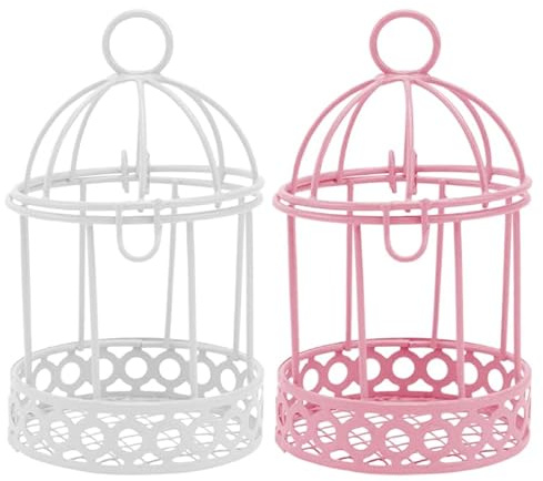 Iplusmile Decorative Bird Cage Lantern Mini Hanging Birdcage Ornament Metal Tealight Holder Style 2 Pack Pink and White Vintage Shabby Chic Tabletop Decor for Wedding Party Garden