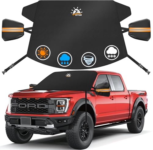 Zettum Truck Windshield Cover for Ice and Snow - 600D Large Windshield Snow Cover for Pickup Truck Heavy Duty, Winter Car Windshield Covers for Ford F150, Silverado, GMC Sierra, Ram, Van, and More