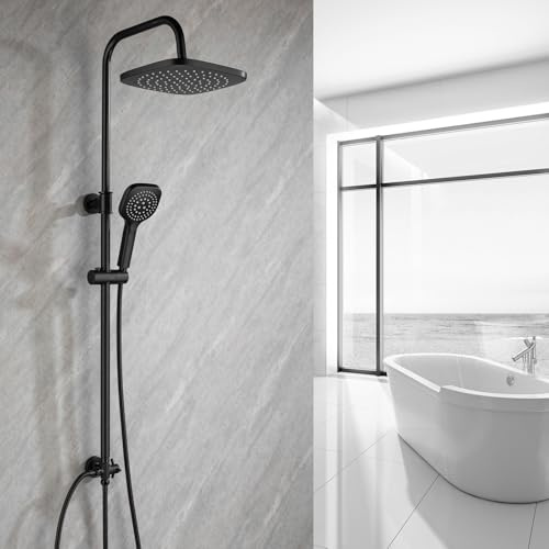 RONVIE Adjustable Shower Riser Rail Kit with 10 Round Rainfall Shower Head & 3-Spray Handheld, Dual-Function Brass Diverter Valve, Height/Angle Adjustable Anti-Leak System(Black)