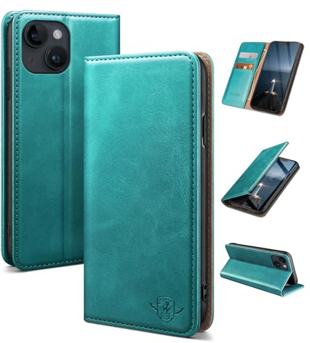 SUANDUCK for iPhone 14 6.1 phone case magnetic leather flip case with RFID-blocking card compartment, adjustable stand and 360° drop protection with Apple 14 Blue Green