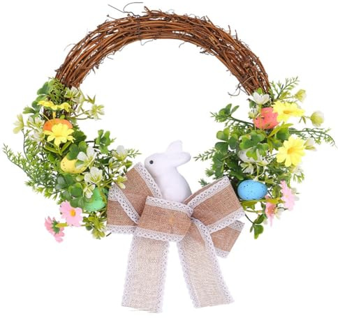 Pqahffowr Easter Spring Wreath Artificial Easter Bunny Wreath with Pastel Eggs and Mixed Flowers for Door and Outdoor Home Decor 1 Piece