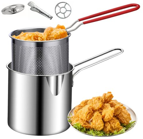 Mini-Fritteuse aus Edelstahl mit verbrühungssicherem Korbgriff für Tempura, Pommes Frites, Fisch und Hühnchen
