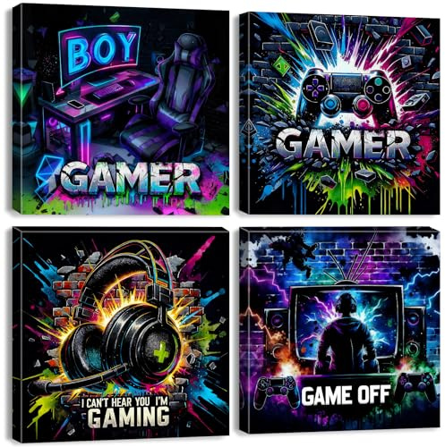 Gamer Canvas Wall Art Neon Gaming Canvas Pictures for Boys Room Decor Cool Game Accessories Posters Video Gaming Headset Controller Prints Paintings for Boys Mens Playroom Home Decoration 12x12 4Pcs