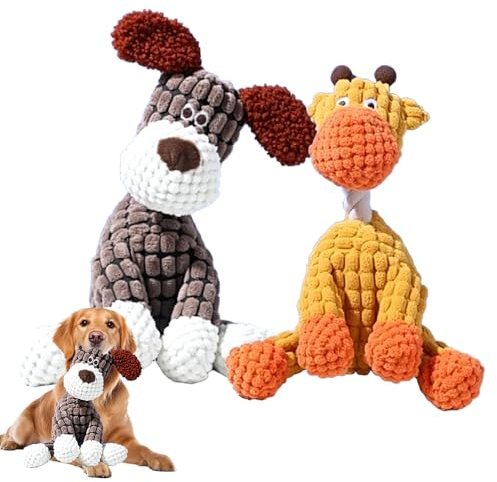 Kidmis Spielzeug Hund, 2025 New Hundespielzeug Unzerstörbar, Quietschendes Hundespielzeug, Weiches Welpenspielzeug für kleine, mittelgroße und große (brauner Hund+Giraffe)