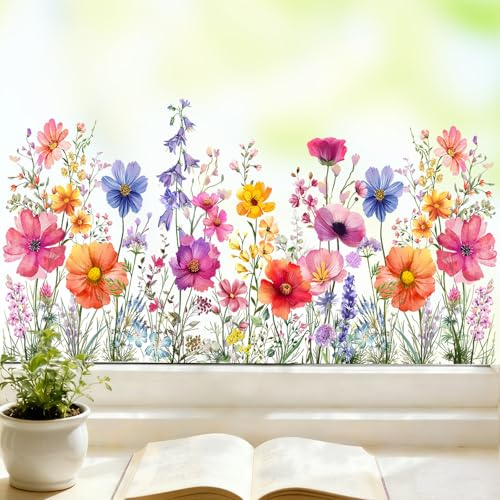 3 Sheets Flower Spring Window Stickers for Glass 56 * 27cm Cosmos Spring Summer Window Clings Decorations Double-Side