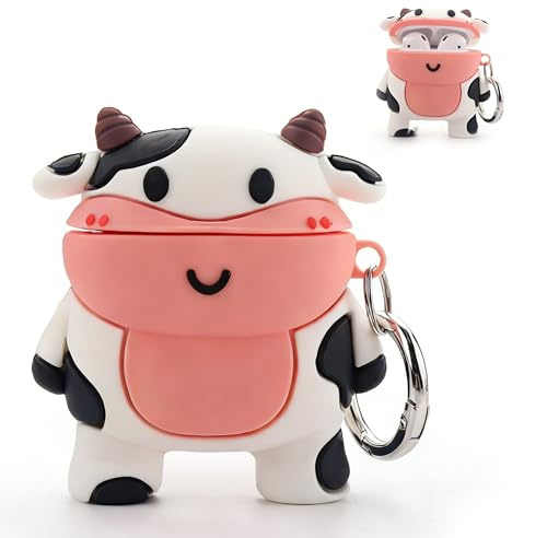 Cute Case for AirPods 2, AirPods Cow Case Silicone Cartoon AirPods 1st / 2nd Generation Case Kawaii 3D Cow AirPods 2 Case Funny Animal Protective Cover with Carabiner (AirPods 1/2)