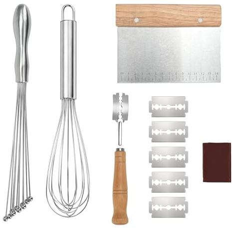 BSDLZCH 32cm Heavy Duty Stainless Steel Balloon Whisk Set, 4-Piece | Premium Balloon Whisk for Mixing, Whisking, Beating & Stirring – Complete Bread Baking Set with Dough Scraper & Bread Lame