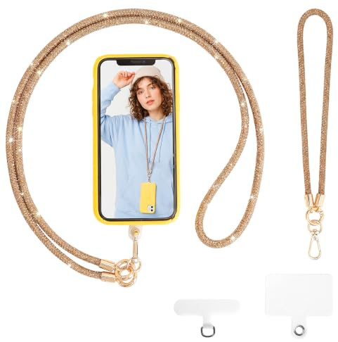 YPLANGENT Handykette Glitzer mit Strass Universal Handyband Zum UmhäNgen 120 Cm Handykette Lang UmhäNgeband Handy Phone Lanyard Band für HandyhüLle mit 2 pcs Patch für Damen Reisen Shopping Alltag