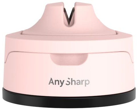AnySharp Evo Afilador de Cuchillos, Seguridad sin Manos, Ventosa, Afila con Seguridad Todos los Cuchillos de Cocina, Ideal para Acero Endurecido y Dentados, Compacto, Rosa