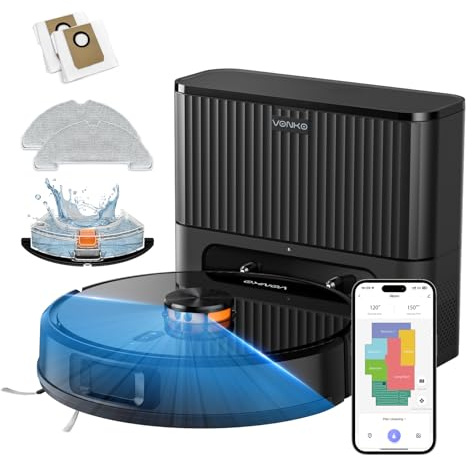 VONKO S6 Pro Saugroboter mit Wischfunktion und Absaugstation, 8000Pa Saugkraft,LiDAR 2.0 Laser Navigation,180 Min.Laufzeit,Teppicherkennung,App/Alexa,Ideal für Tierhaare,Hartböden,Tiefschwarz