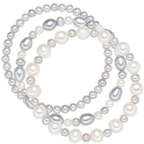 Valero Pearls 3-er Damen-Armband Set elastisch Hochwertige Süßwasser-Zuchtperlen 5-8 mm Oval weiß/silbergrau - Perlenarmbänder mit echten Perlen