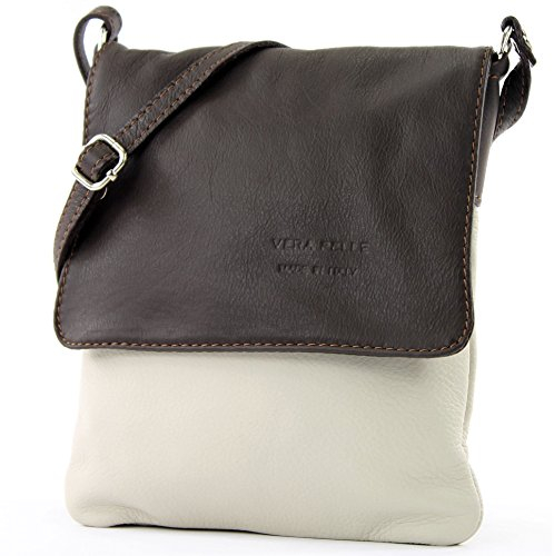 modamoda de - T34 - ital Damen Umhängetasche Schultertasche Klein, Farbe:Creme/Dunkelbraun