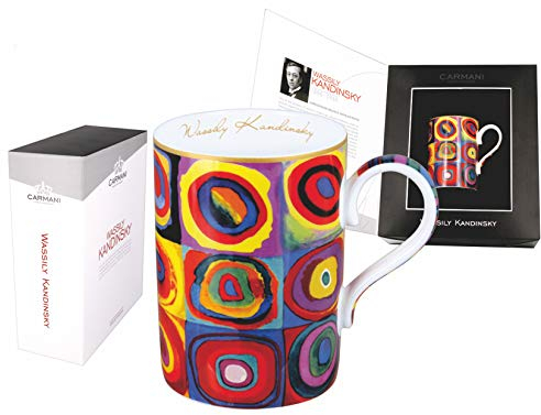 CARMANI - Tea Mug, Perfect Ceramic Fine Bone China Coffee Mugs with Wassily Kandinsky Squares with Concentric Circles 400ml