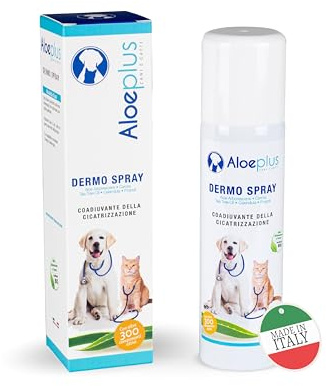 ALOEPLUS Hunde Dermo Spray 100ml - Wundheilend für Hunde und Katzen, Beruhigende, Entstauende und Wundheilende Eigenschaften, Empfindliche Haut, mit Aloe Arborescens BIO gegen Juckreiz und Reizungen