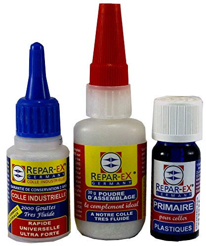 Repar-ex - Lot Colle Extra Forte 20g + Poudre d’Assemblage 30g + Primaire Plastique 15ml – Colle Industrielle Polyvalente – Ultra Résistante – Plastiques Difficiles, Métaux, Bois, Verre