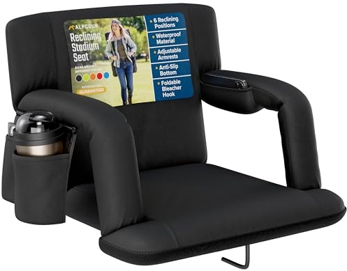 Alpcour Folding Stadium Seat – Deluxe Reclining Wide Adults Camping Back Support Chair for Bleachers – Best Extra Thick Plus Size Waterproof Lightweight Sturdy Padded Bleacher Seats Backs w/Arm Rests