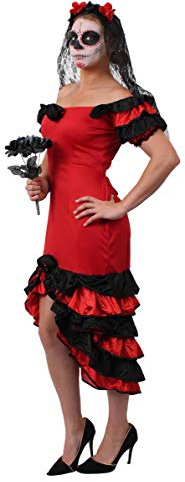 WOMEN'S DAY OF THE DEAD COSTUME - SUGAR SKULL SENORITA HALLOWEEN FANCY DRESS COSTUME - RED & BLACK RUMBA DRESS + BLACK/RED VEIL + BLACK ROSE BOUQUET (X-LARGE UK 16-18)