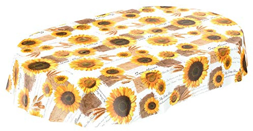 ANRO Tischdecke Wachstischdecke Wachstuch Wachstuchtischdecke Sonnenblumen Sommer Weizen Gelb Oval 140 x 180cm eingefasst