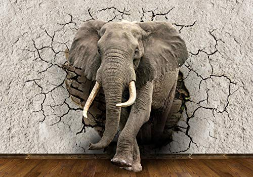 wandmotiv24 Fototapete Elefant 3D Wanddurchbruch, XXL 400 x 280 cm - 8 Teile, Wanddeko, Wandbild, Wandtapete, Tier, Mauer, Bruch M1238