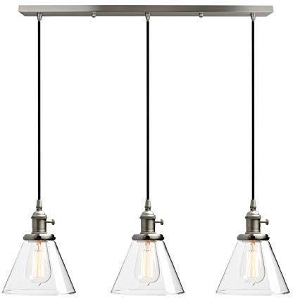 Phansthy Lustre, en verre transparent, pour 3 ampoules, design rétro moderne, suspension vintage, style rétro classique, couleur : acier inoxydable brossé