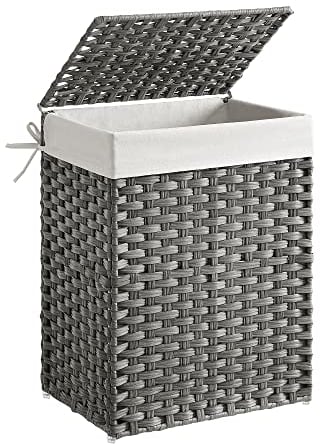 SONGMICS Wäschekorb, Wäschesammler 90 L, Wäschebox aus synthetischem Rattan, mit Deckel und Griffen, geflochten, faltbar, herausnehmbarer Wäschesack, taubengrau LCB51WG