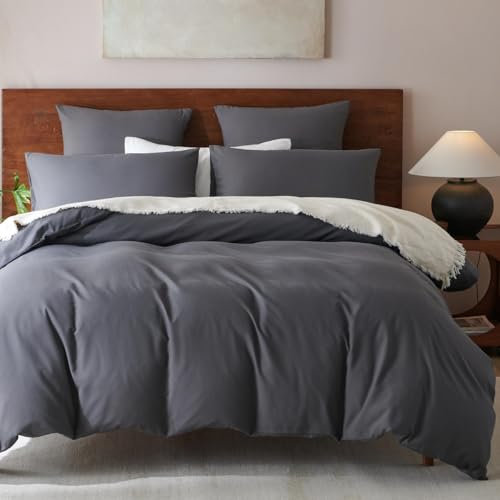 Lanqinglv Bettwäsche 200x220cm Grau Anthrazit Dunkelgrau Uni Unifarben Bettbezug Deckenbezug Doppelbett und 2 Kissenbezug 80x80cm mit Reißverschluss
