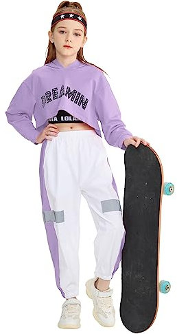 LOLANTA Completi Hip Hop per Bambini in 3 Pezzi, Tuta da Ragazza, Felpa con Cappuccio, Canotta, Pantaloni Jogger, Viola, 13-15 anni, 170