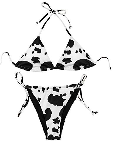 JasmyGirls Sexy Bikini Set Anime Kuh Cosplay Dessous Zwei Stück Badeanzüge mit hoher Taille Spaghettibügel Floral Tanga Badeanzüge (Schwarz)