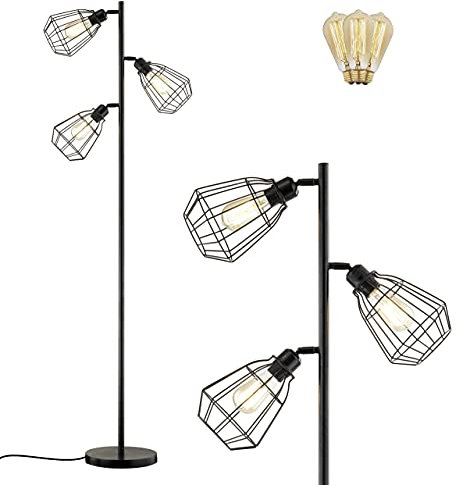 Modern Tree Floor Lamp Black 3-Light Rustic Tall Standing Up Pole Torchiere Floor Lamps Shade Vintage Industrial Style with Reading Light Bright for Living Rooms, Bedrooms, Office, Corner