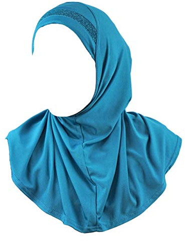 Kopftuch für Mädchen, Hijab Al Amira mit Glitzer-Bordüre, fertig zum Überziehen, türkis