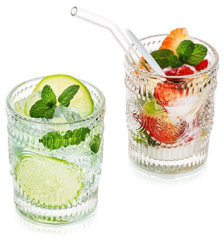 Water Glasses Drinking 300ML Vintage Tumblers Glass Set of 2 Tall Highball Glass for Juice Coffee Tea for Party, Bar