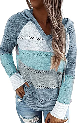 GOLDPKF Strickmantel Mit Kapuze Sportbekleidung Damen Pullover Damen Farbblock Kapuzenpullover Gestreift Hoodie Entspannt Sweatshirt mit Kapuze Lässiger Hohlpullover Blau M 40-42